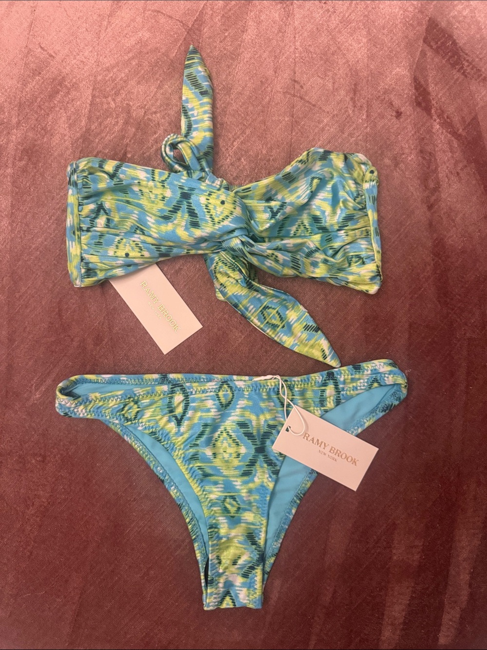 Ramy Brook Teal, Blue & Lime Patterned Bandeau Bikini Set